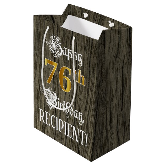 76th Birthday: Faux Gold Look & Faux Wood Pattern Medium Gift Bag (Back Angled)