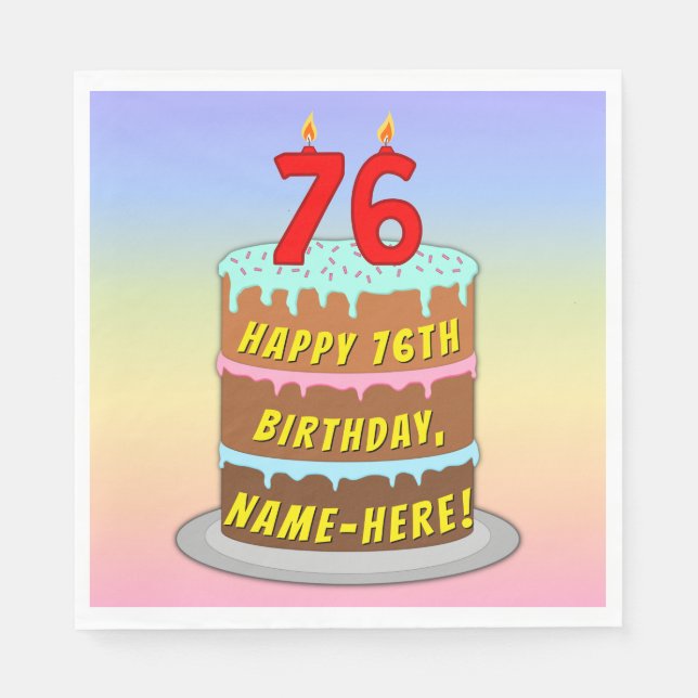 76th Birthday: Fun Cake and Candles + Custom Name Napkin (Front)