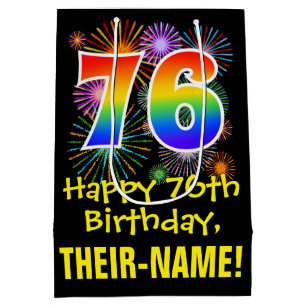 76th Birthday: Fun Fireworks Pattern + Rainbow 76 Medium Gift Bag