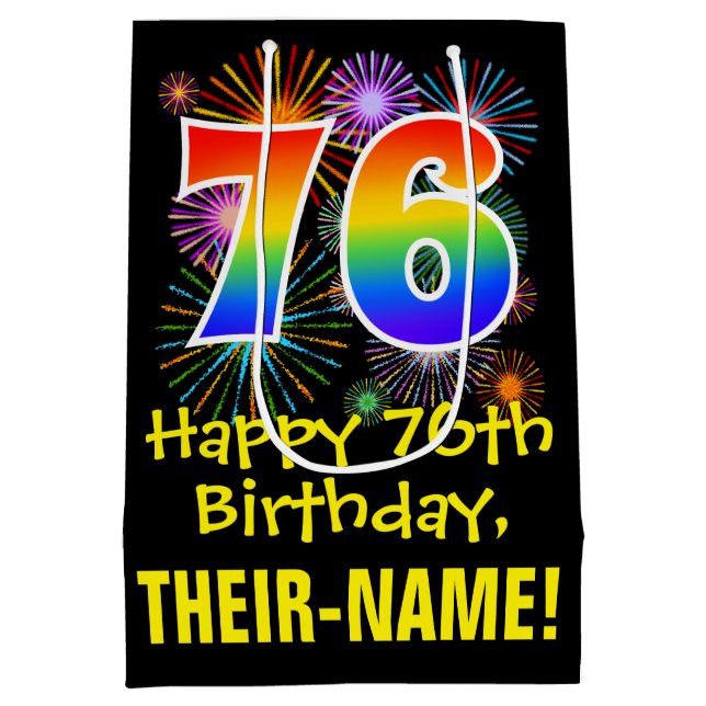 76th Birthday: Fun Fireworks Pattern + Rainbow 76 Medium Gift Bag (Back)