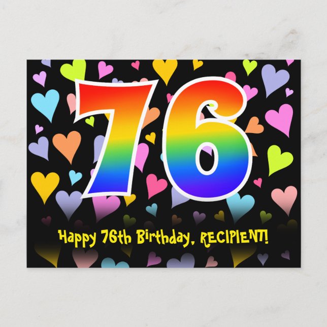76th Birthday: Fun Hearts Pattern, Rainbow 76 Postcard (Front)