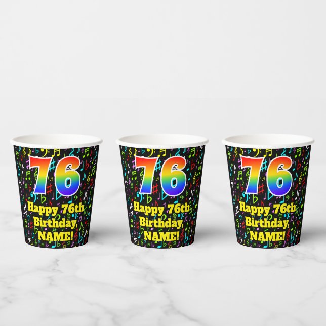 76th Birthday: Fun Music Notes Pattern, Rainbow 76 Paper Cups (Multi)