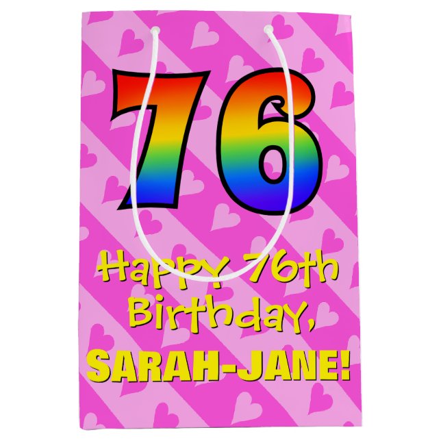 76th Birthday: Fun Pink Hearts Stripes; Rainbow 76 Medium Gift Bag (Front)