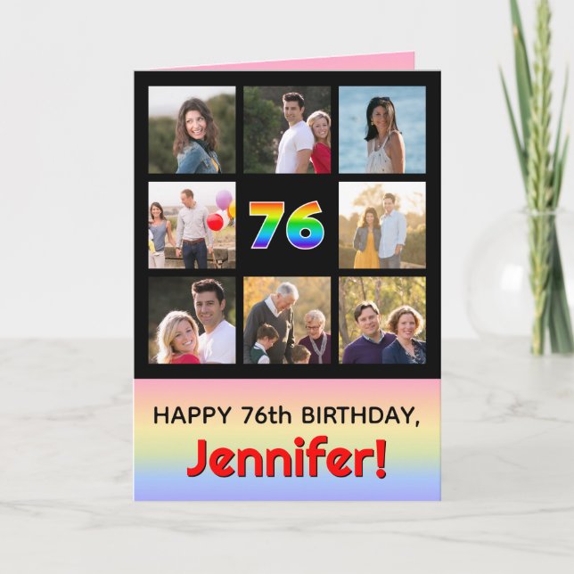 76th Birthday: Fun Rainbow #, Custom Photos + Name Card (Front)