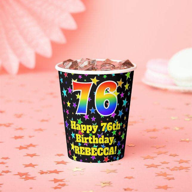 76th Birthday: Fun Stars Pattern and Rainbow 76 Paper Cups (Insitu)