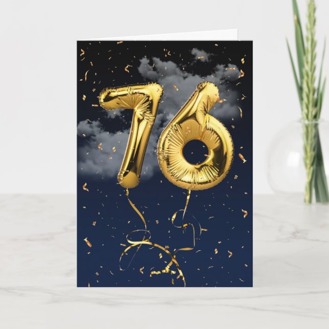 76th Birthday Gold Mylar Balloon and Confetti Card (Front)