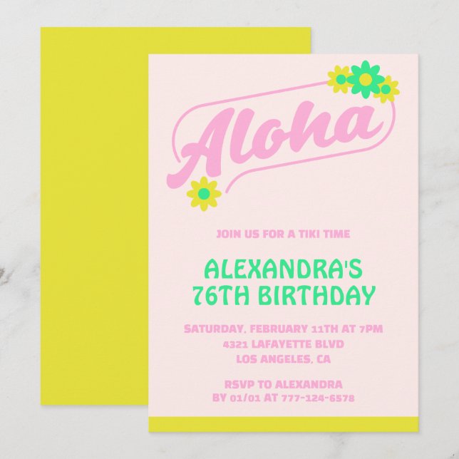 76th birthday invitations Tropical Aloha Pink (Front/Back)