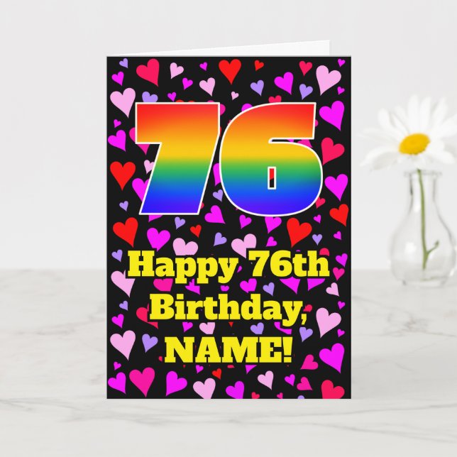 76th Birthday: Loving Hearts Pattern, Rainbow # 76 Card (Small Plant)