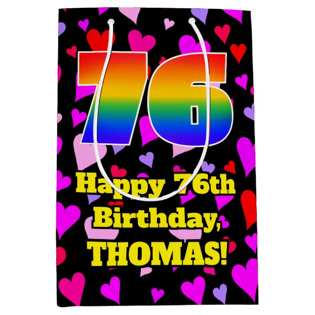 76th Birthday: Loving Hearts Pattern, Rainbow # 76 Medium Gift Bag (Front)