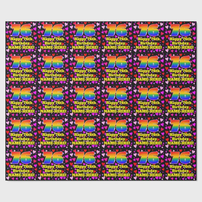 76th Birthday: Loving Hearts Pattern, Rainbow # 76 Wrapping Paper (Seam)