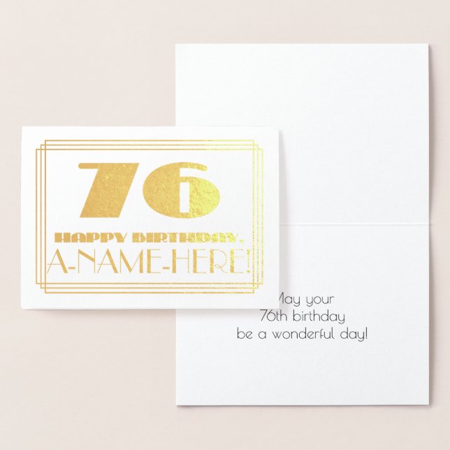 76th Birthday; Name + Art Deco Inspired Look "76" Foil Card (Display)