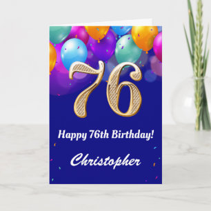 76th Birthday Navy Blue and Gold Colourful Balloon Card