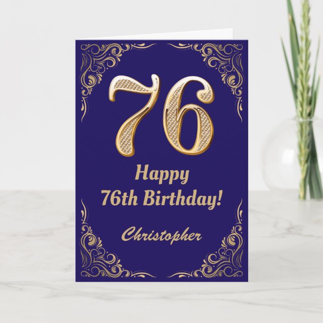 76th Birthday Navy Blue and Gold Glitter Frame Card (Front)
