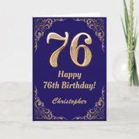 76th Birthday Navy Blue and Gold Glitter Frame