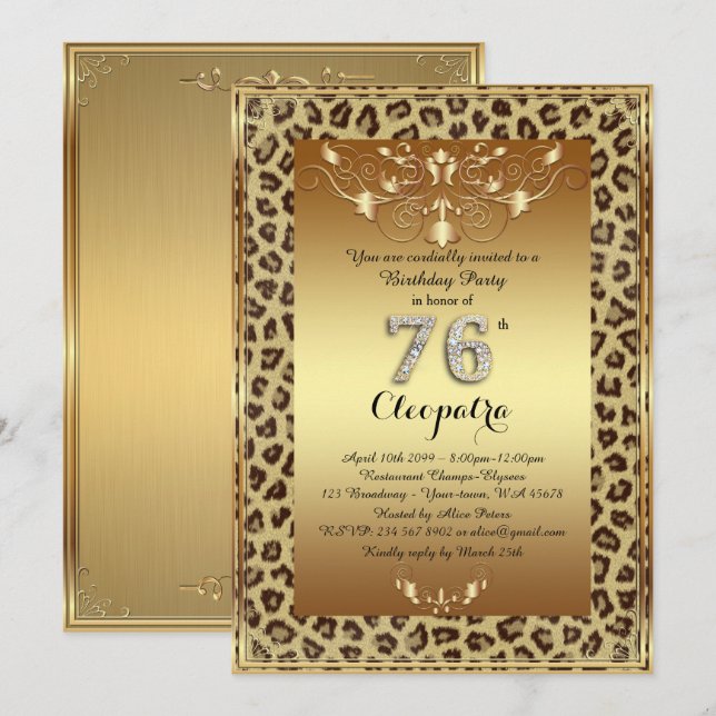 76th, Birthday Party 76th, Royal Cheetah gold plus Invitation (Front/Back)