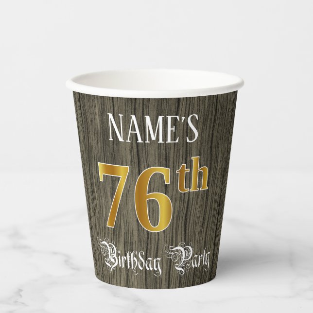 76th Birthday Party — Faux Gold & Faux Wood Looks Paper Cups (Front)