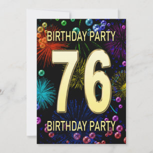 76th Birthday Party Invitation Fireworks Bubbles