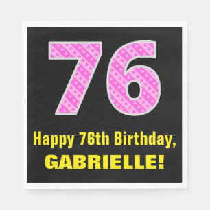 76th Birthday: Pink Stripes and Hearts "76" + Name Napkin
