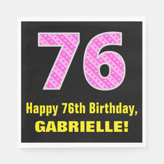 76th Birthday: Pink Stripes and Hearts "76" + Name Napkin (Front)