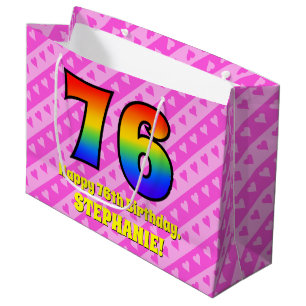 76th Birthday: Pink Stripes & Hearts, Rainbow # 76 Large Gift Bag