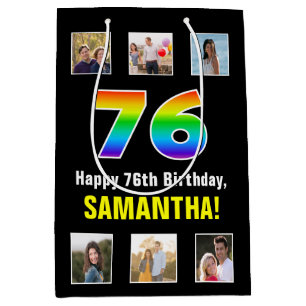 76th Birthday: Rainbow “76“, Custom Photos & Name Medium Gift Bag
