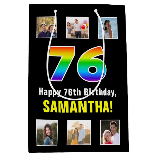 76th Birthday: Rainbow “76“, Custom Photos & Name Medium Gift Bag (Front)