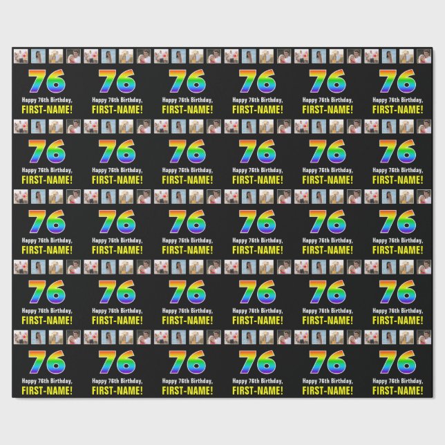 76th Birthday: Rainbow “76“; Custom Photos & Name Wrapping Paper (Seam)