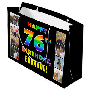 76th Birthday: Rainbow Text, Custom Photos & Name Large Gift Bag