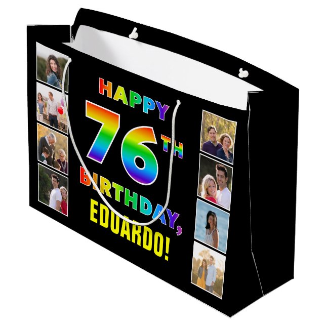 76th Birthday: Rainbow Text, Custom Photos & Name Large Gift Bag (Back Angled)
