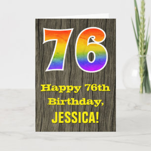 76th Birthday: Rustic Faux Wood Look, Rainbow "76" Card