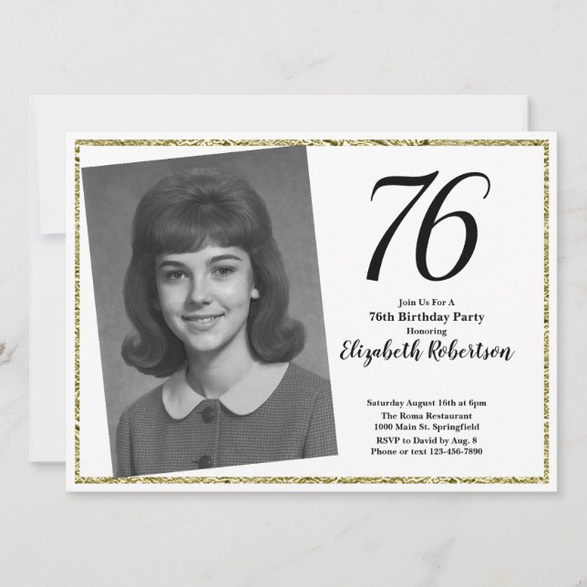 76th Custom Photo White and Gold  Invitation (Front)