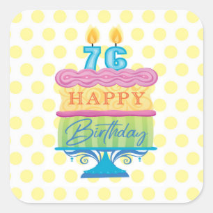 76th Happy Birthday Cake Yellow Dots Square Sticker