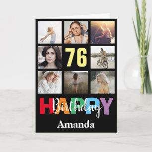 76th Happy Birthday Photo Collage Modern Black Card