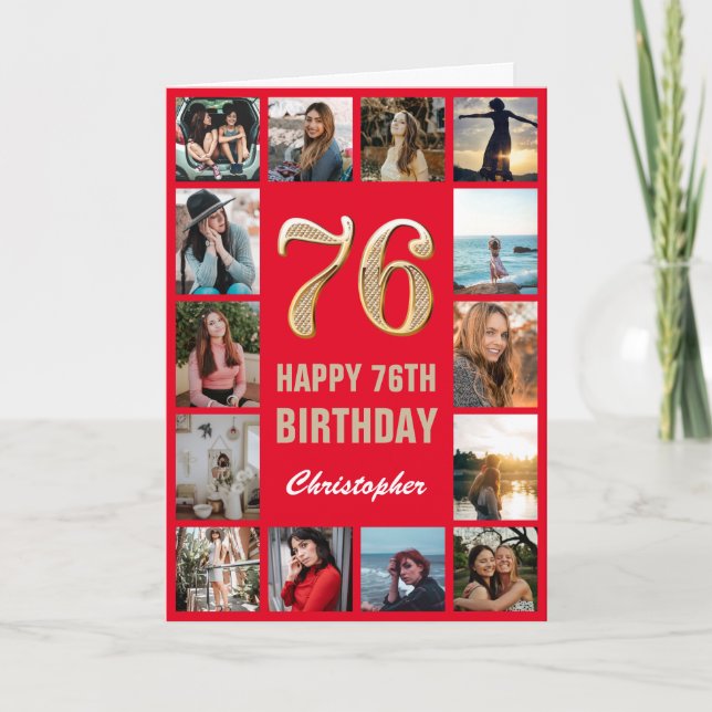 76th Happy Birthday Red and Gold Photo Collage Card (Front)