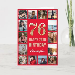 76th Happy Birthday Red and Gold Photo Collage Card