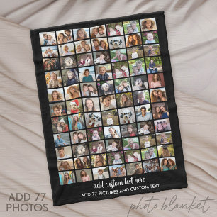 77 Photo Collage Grid - Custom Text - Black Fleece Blanket