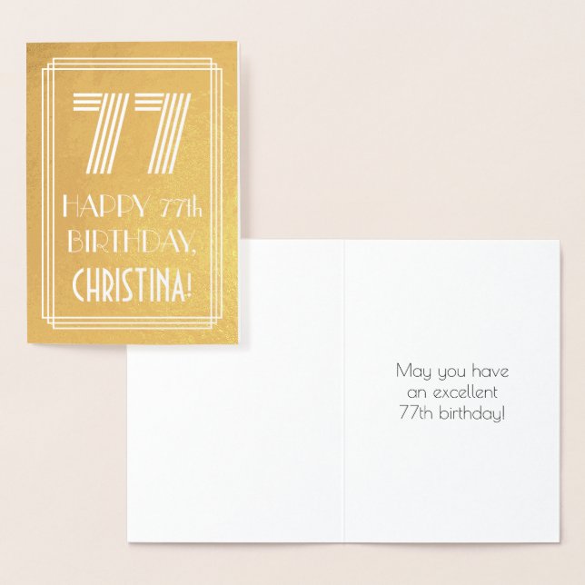 77th Birthday – Art Deco Inspired Look "77" + Name Foil Card (Display)