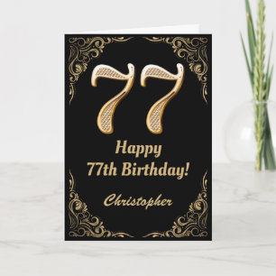 77th Birthday Black and Gold Glitter Frame Card
