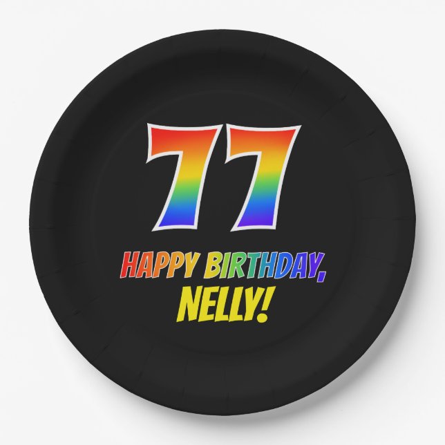 77th Birthday: Bold, Fun, Simple, Rainbow 77 Paper Plate (Front)