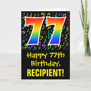 77th Birthday: Colorful Music Symbols + Rainbow 77 Card