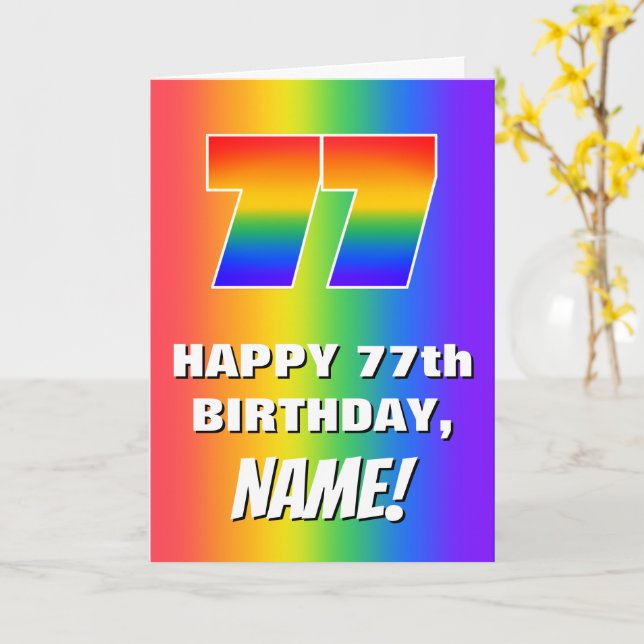 77th Birthday: Colourful, Fun Rainbow Pattern # 77 Card (Yellow Flower)