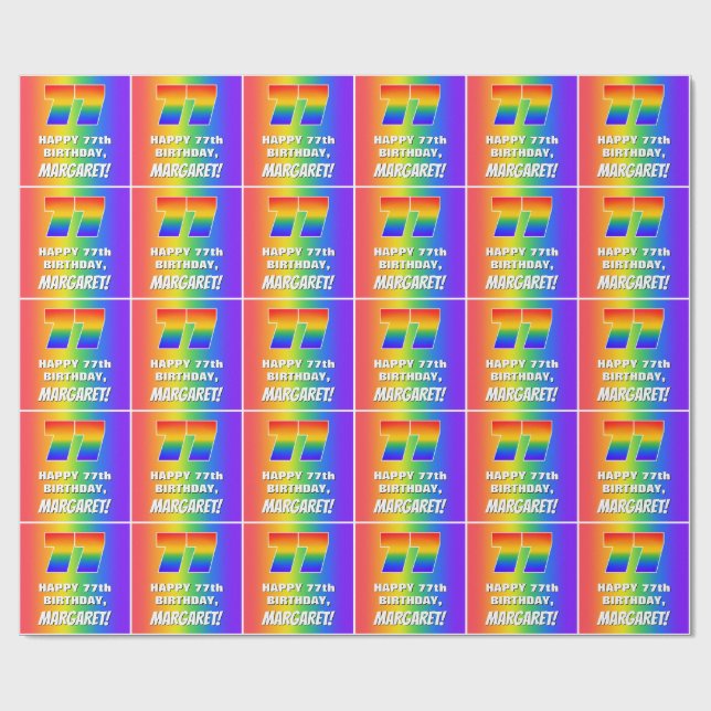 77th Birthday: Colourful, Fun Rainbow Pattern # 77 Wrapping Paper (Flat)