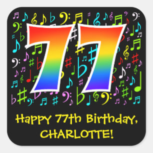 77th Birthday: Colourful Music Symbols, Rainbow 77 Square Sticker