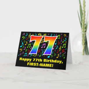 77th Birthday: Colourful Music Symbols & Rainbow 7 Card