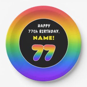 77th Birthday: Colourful Rainbow # 77, Custom Name Paper Plate