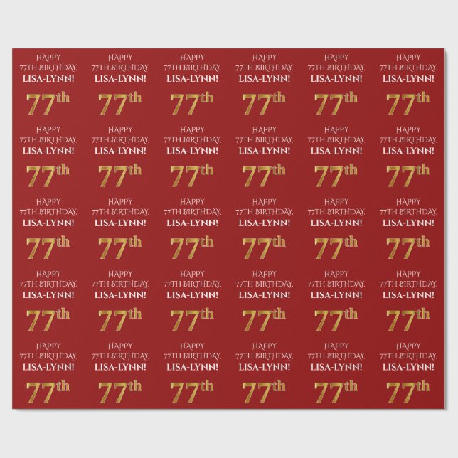 77th Birthday: Elegant, Red, Faux Gold Look Wrapping Paper (Flat)
