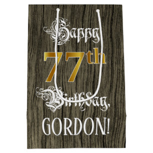 77th Birthday: Faux Gold Look & Faux Wood Pattern Medium Gift Bag