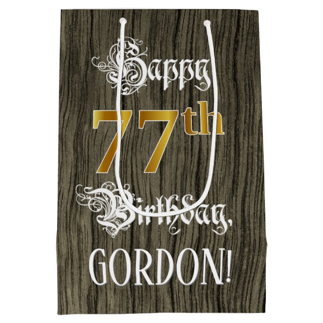 77th Birthday: Faux Gold Look & Faux Wood Pattern Medium Gift Bag (Back)