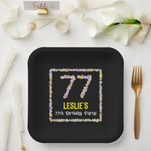 77th Birthday: Floral Flowers Number, Custom Name Paper Plate