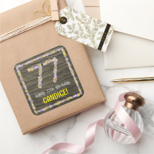 77th Birthday: Floral Number, Faux Wood Look, Name Square Sticker